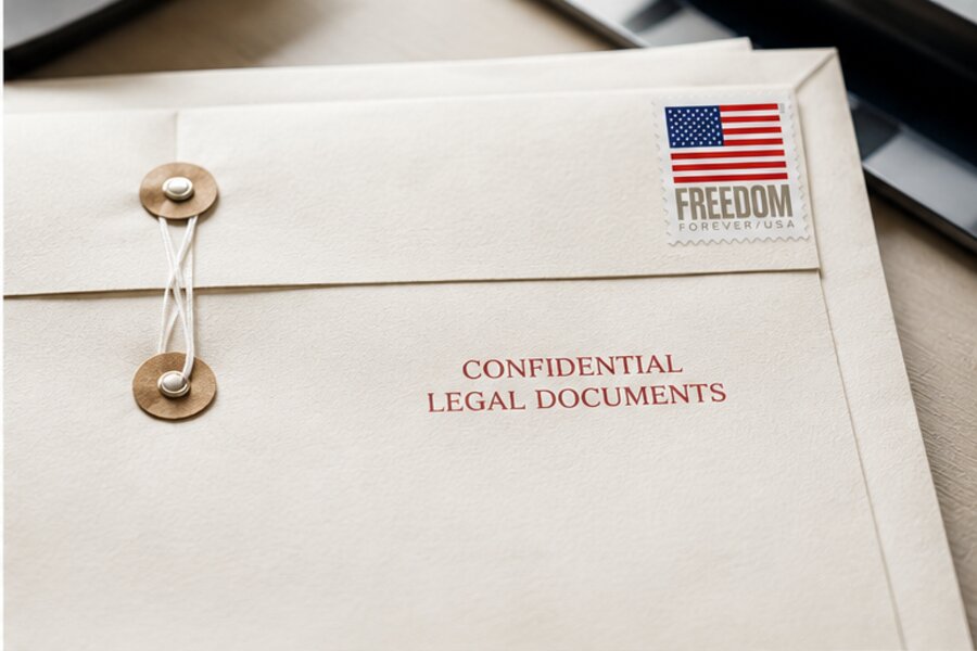Confidential legal documents envelope with a Forever stamp