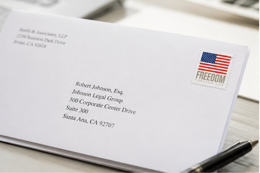 Business envelope with a Forever stamp addressed from a law firm