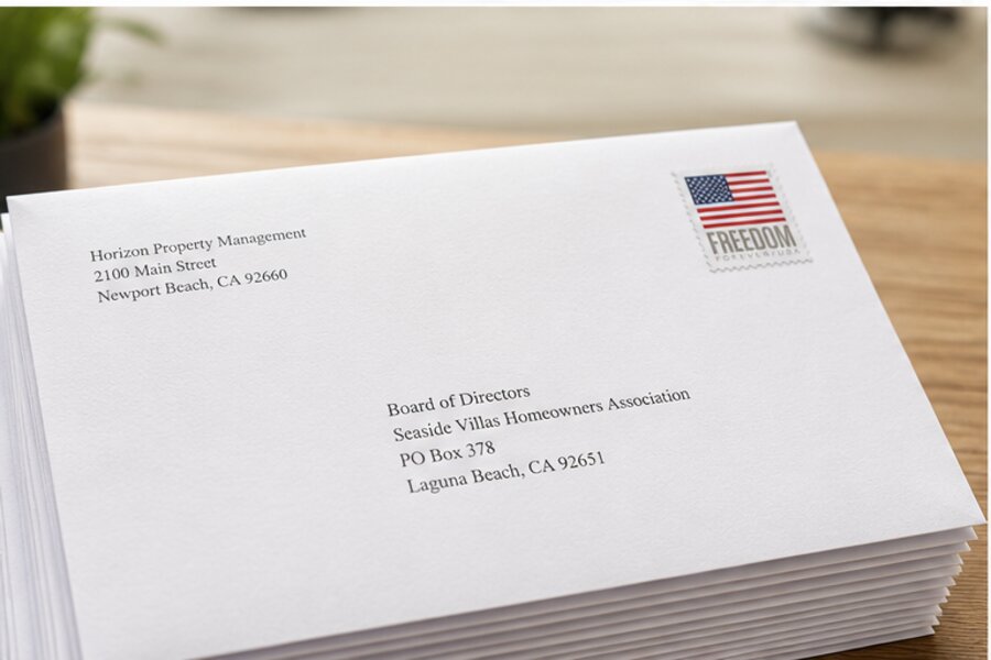 Property management envelope with a Forever stamp